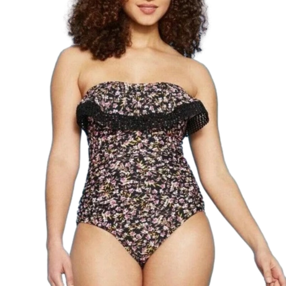 Women’s Kona Sol Strapless Swimsuit Large Crochet Flounce Floral 1 Piece NWOT